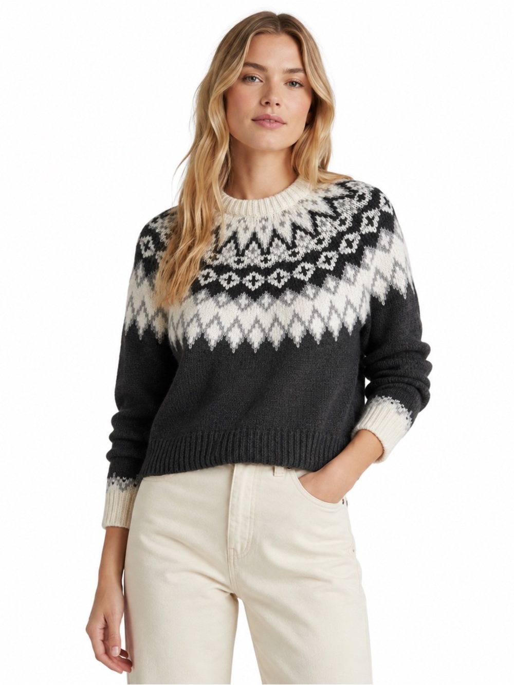 MARINE LAYER Fiorella Fair Isle Nordic Sweater XS Merino Wool Alpaca Blend Gray